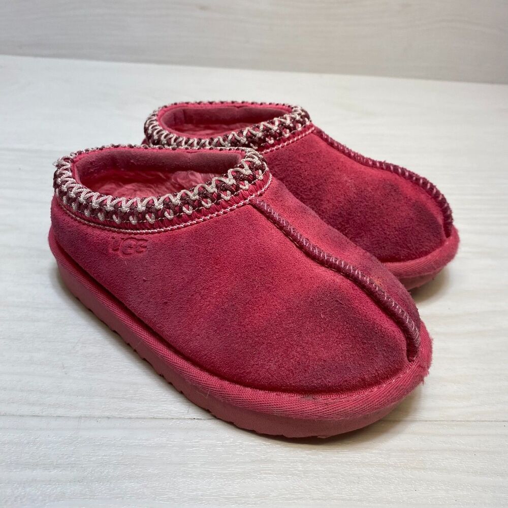 UGG Tasman II Mule Slipper Girls Size 8 Pink Suede Sheepskin Fluffy Slip On
